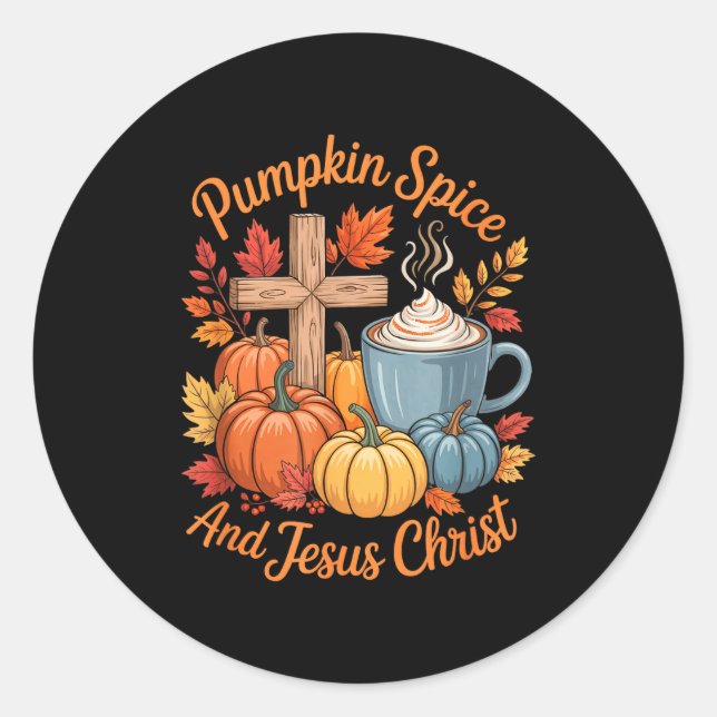 Pegatina Redonda Pumpkin Sce And Jesus Christ Funny Fall Christian  (Anverso)