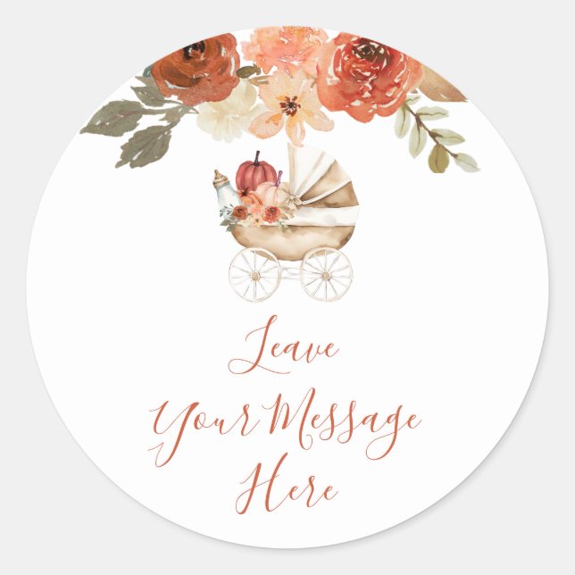 Pegatina Redonda Pumpkin Stroller Baby Shower Leave Your Message (Anverso)