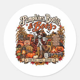 Pegatina Redonda Pumpkins Boots & Boos Skeleton Halloween Sticker
