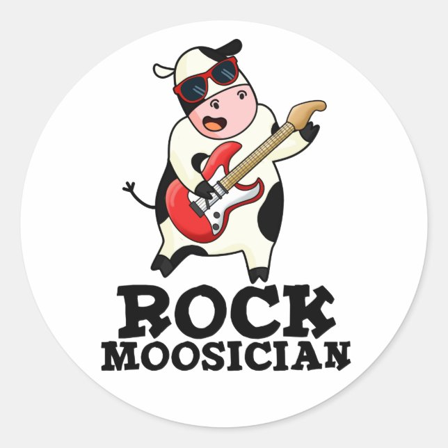Pegatina Redonda Pun, músico de vaca divertida de rock (Anverso)