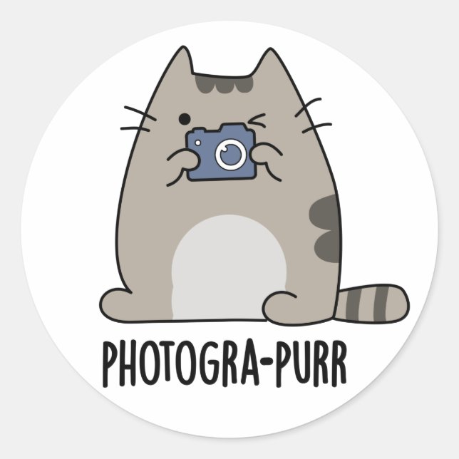Pegatina Redonda Pun, un gracioso fotógrafo gato de Photograh-purr (Anverso)
