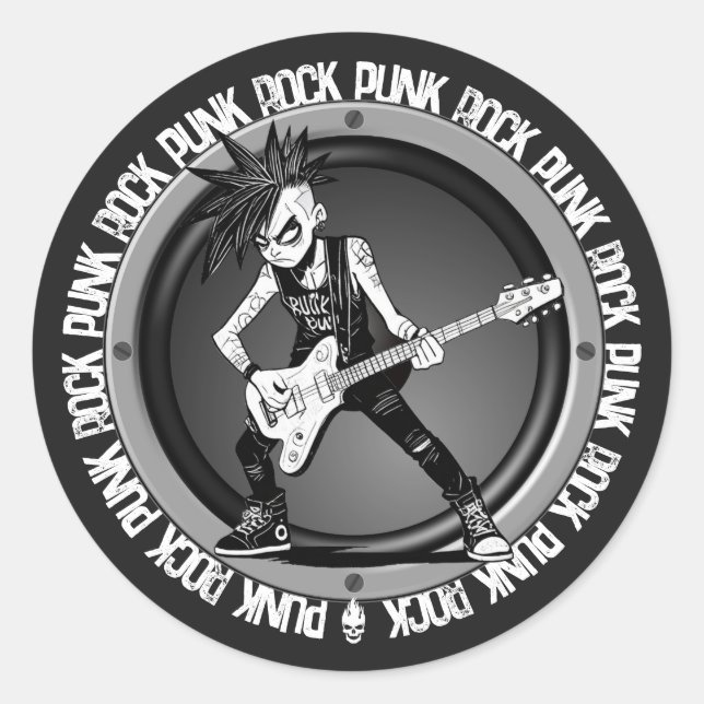 Pegatina Redonda Punk Rock Guitar Player Art Cool Musician Rocker (Anverso)