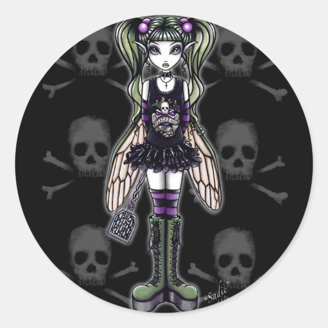 Pegatina Redonda punk "Sadie" Fly Faery Cute Skull Pegatinas (Anverso)