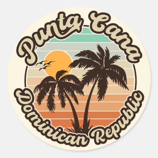 Pegatina Redonda Punta Cana Dominicana Palm Tree Retro Sunset 80 (Anverso)