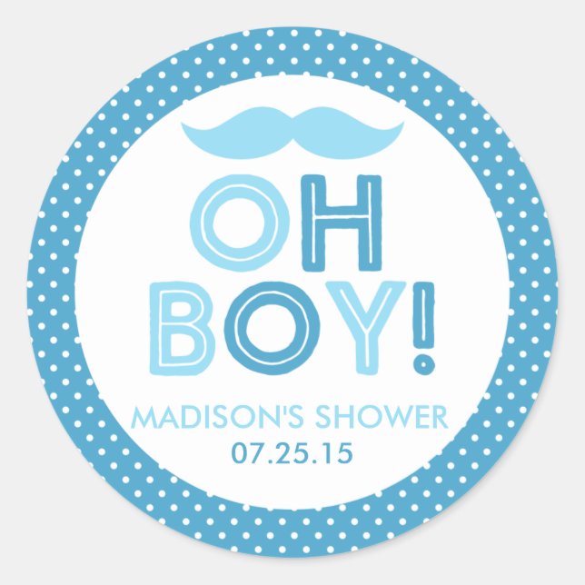 Pegatina Redonda Punto de Polka Azul Oh Boy Baby Shower (Anverso)