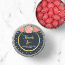 Punto de polka azul y blanco, rosas rosadas de Rub