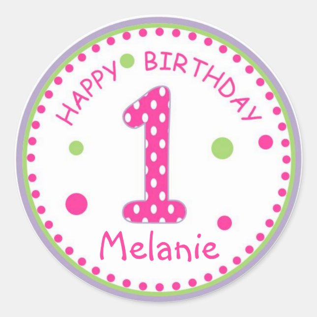 Pegatina Redonda Punto de Polka Rosa Caliente Feliz Cumpleaños Núme (Anverso)