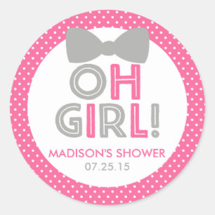 Pegatina Redonda Punto de Polka Rosa y Gris Oh Chica Baby Shower