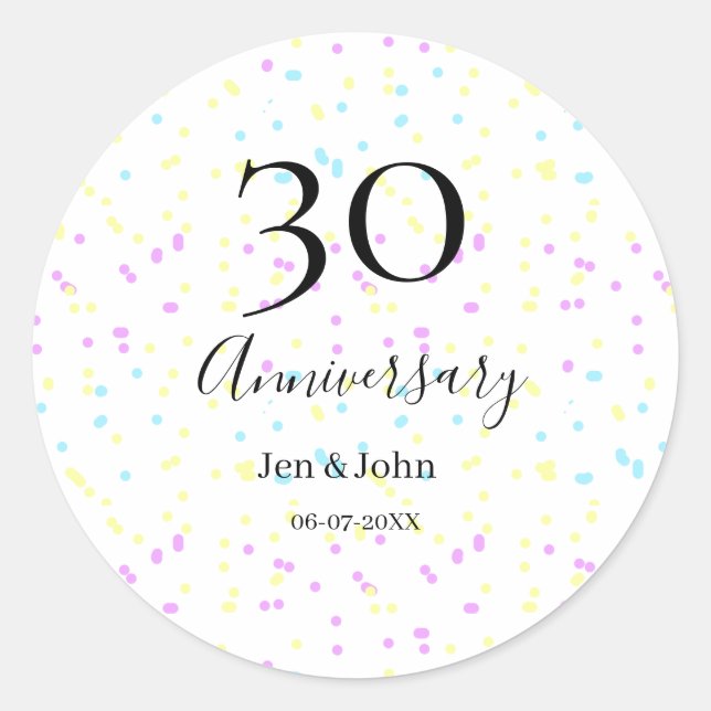 Pegatina Redonda Puntos azules rosados amarillos nombre 30 aniversa (Anverso)