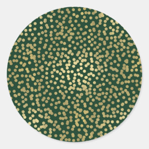 Pegatina Redonda Puntos de Confeti Verde Oscuro y Dorado Elegante C