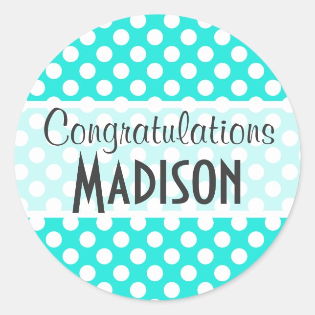 Pegatina Redonda Puntos de Polka de color Aqua (Anverso)