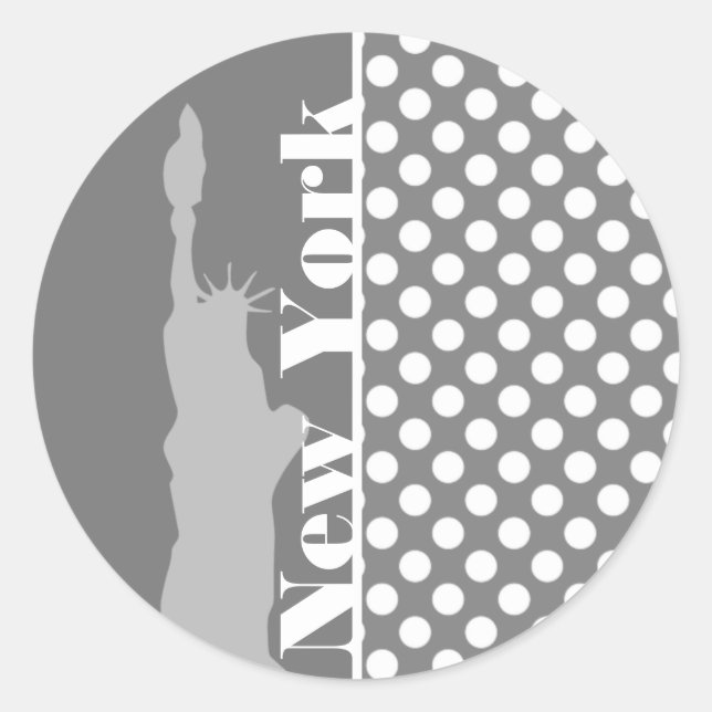 Pegatina Redonda Puntos de Polka Gris; Nueva York (Anverso)