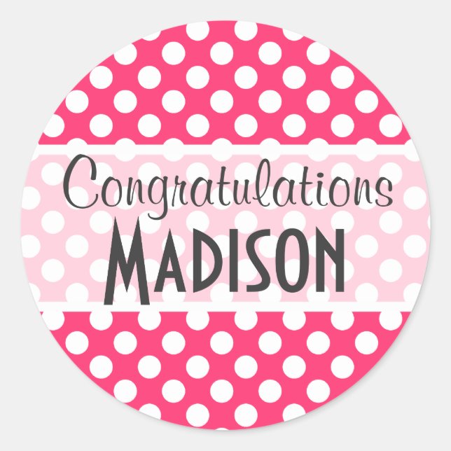 Pegatina Redonda Puntos de Polka Rosado Caliente (Anverso)