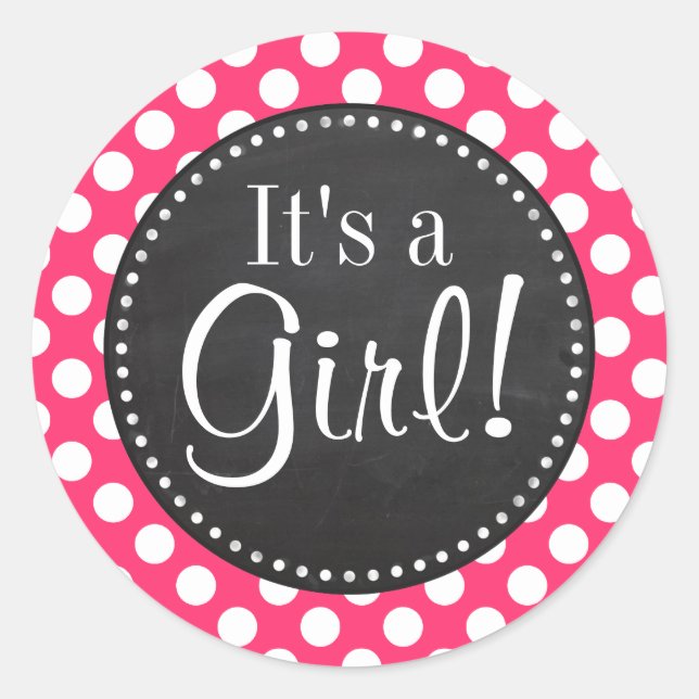 Pegatina Redonda Puntos de Polka Rosado Caliente; Cartón de Chalkbo (Anverso)