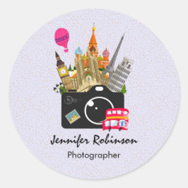 Pegatina Redonda Puntos de referencia europeos con cámara