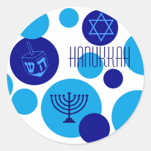 Pegatina Redonda Puntos Hanukkah azul retro