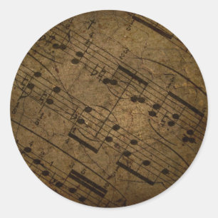 Pegatina Redonda Puntuación musical de hojas antiguas, notas musica