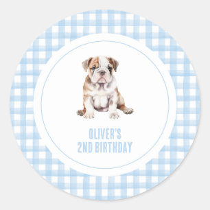Pegatina Redonda Puppy bulldog preppy de cumpleaños a cuadros