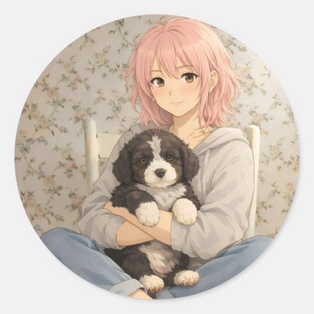Pegatina Redonda Puppy Love Round Sticker Cute Dog Vibes (Anverso)