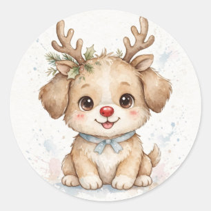 Pegatina Redonda Puppy Reno Nariz Roja Navidad