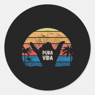 Pegatina Redonda Pura Vida Shaka Señal Surfing Retro Verano Vintage