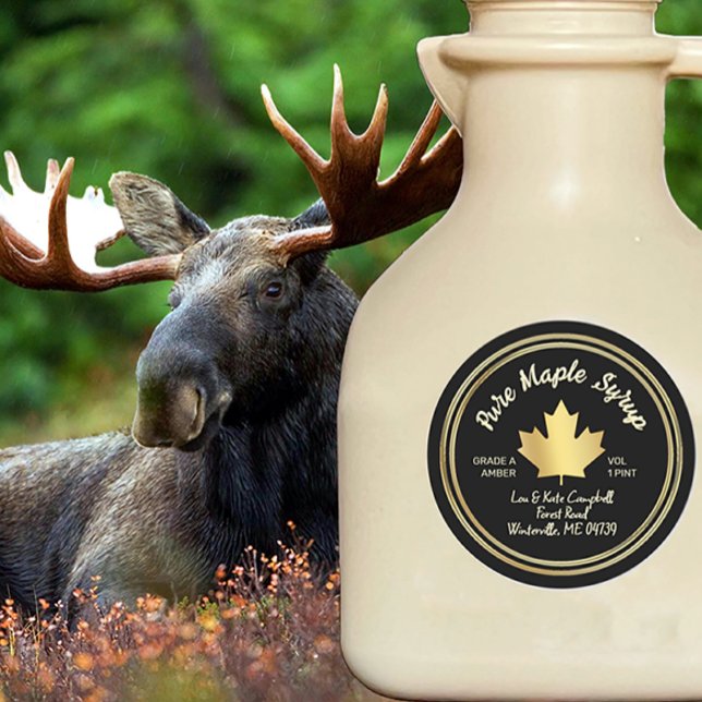 Pegatina Redonda Pure Maple Syrup Gold Maple Leaf en negro (Subido por el creador)