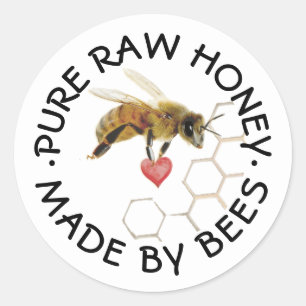 Pegatina Redonda PURE RAW HONEY Honeybee Honeycomb and Heart