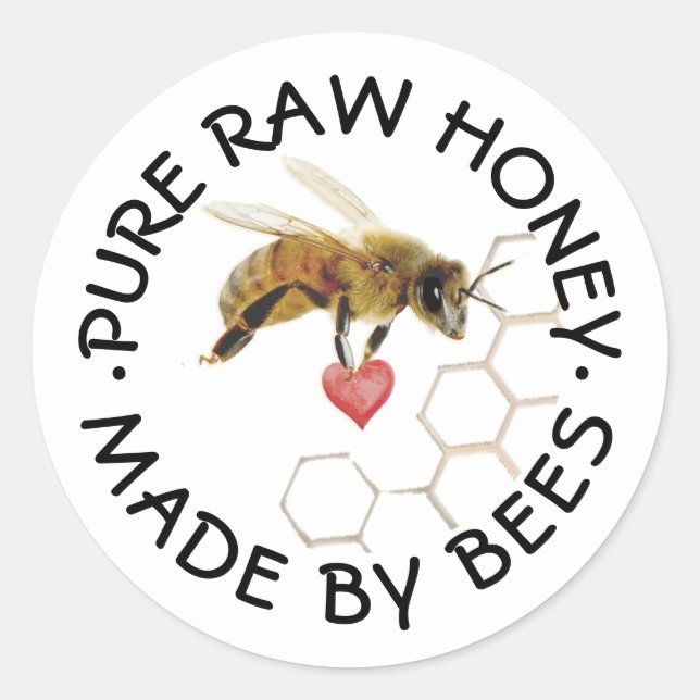 Pegatina Redonda PURE RAW HONEY Honeybee Honeycomb and Heart (Anverso)