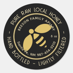 Pegatina Redonda Pure Raw Local Honey Label Gold Bee Black