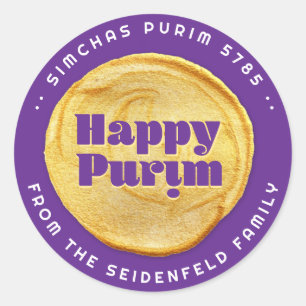 Pegatina Redonda Purim Elegant Gold Seal Purple