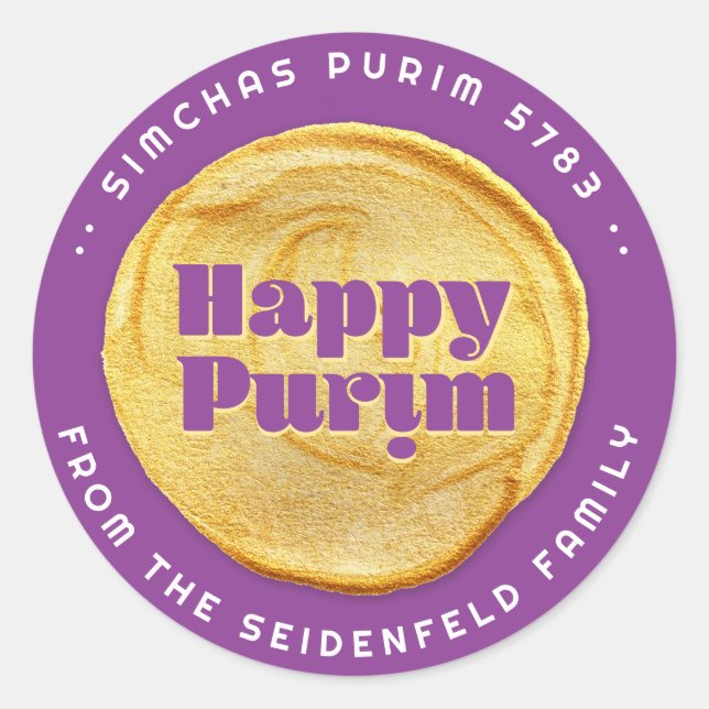 Pegatina Redonda Purim Elegant Gold Seal Purple (Anverso)