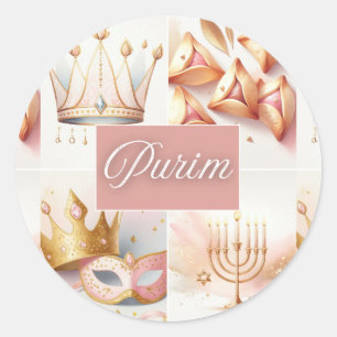 Pegatina Redonda Púrim judío Esther Rosa Dorado Acuarela Lindo