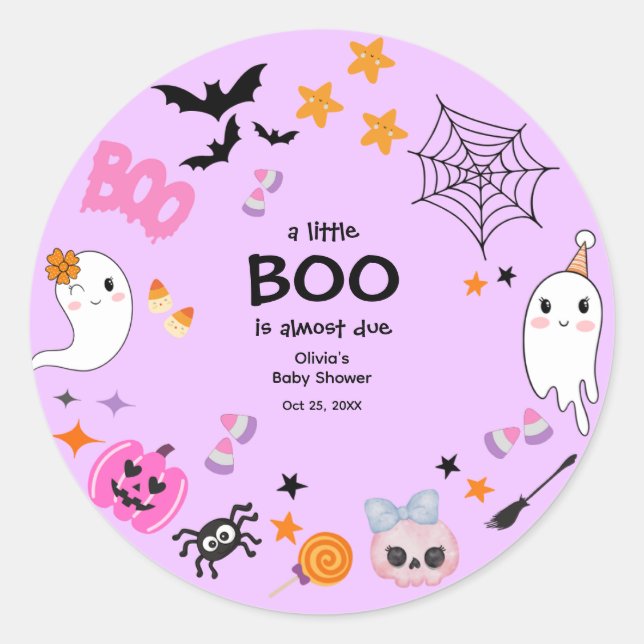 Pegatina Redonda Purple A Little Boo Cuesta Baby Shower Halloween (Anverso)
