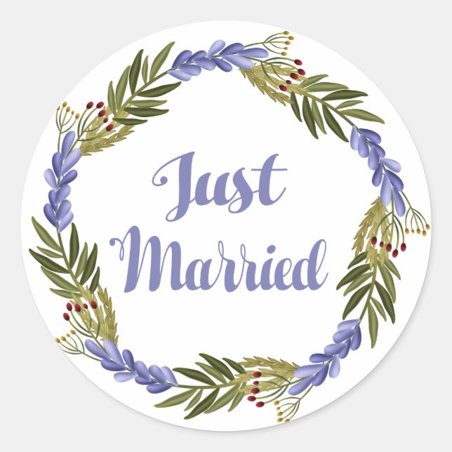 Pegatina Redonda Purple Acabo De Casar Boda Floral Lavender (Anverso)