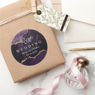 Pegatina Redonda Purple Agate & Gold Boda Script Luxury