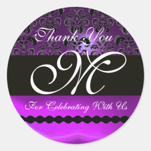 Pegatina Redonda PURPLE AMETHYST DAMASK MONOGRAM Gracias