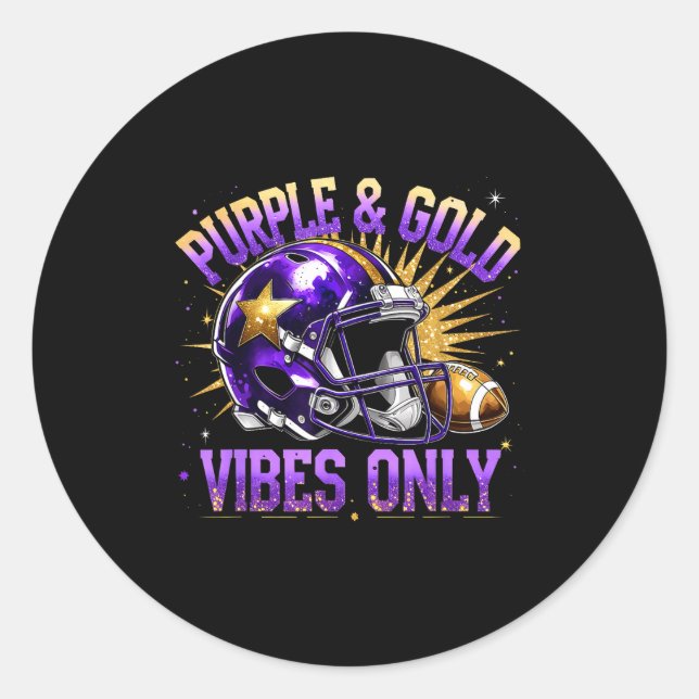 Pegatina Redonda Purple And Gold Vibes Only Football Fan Gift  (Anverso)