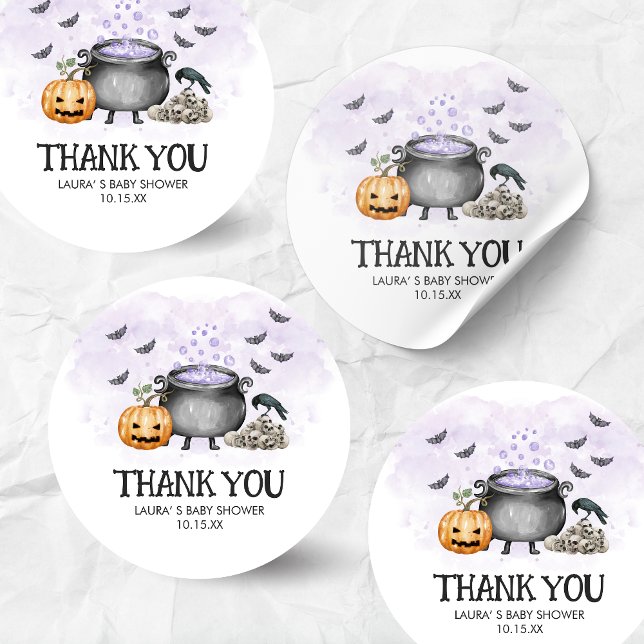 Pegatina Redonda Purple Baby is Brewing Halloween Baby Shower (A Baby is Brewing Purple Halloween Baby Shower Round Sticker)