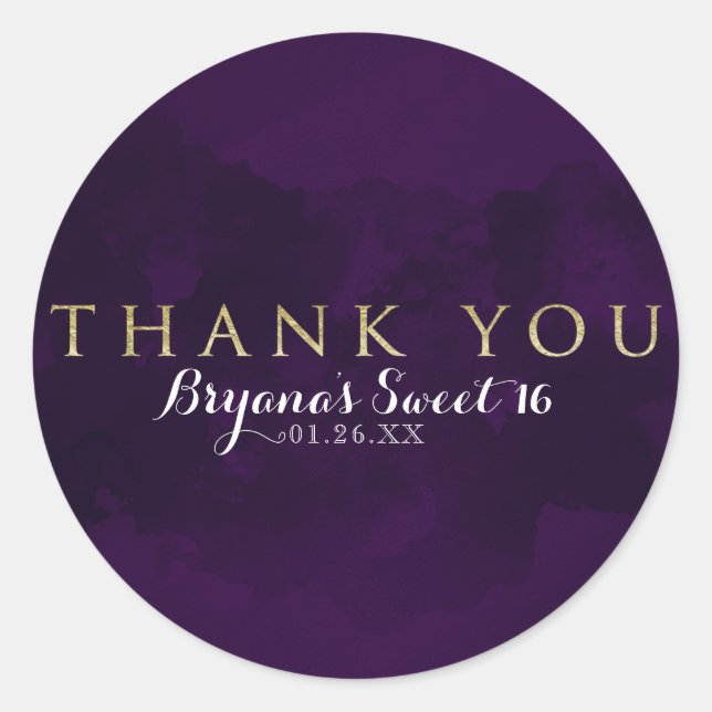 Pegatina Redonda Purple Black & Gold Glam Modern Party Favor (Anverso)