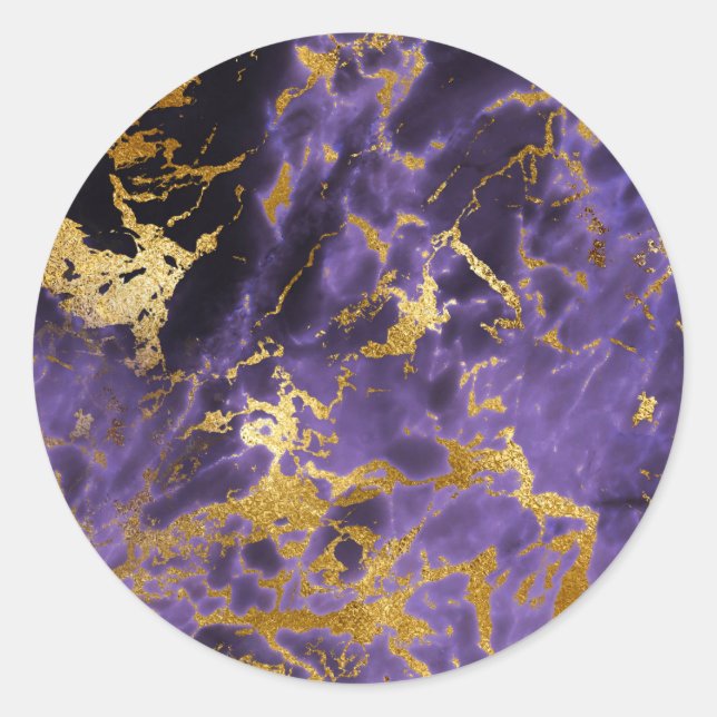 Pegatina Redonda Purple Black Marble Faux Gold Patrón Purpurina (Anverso)