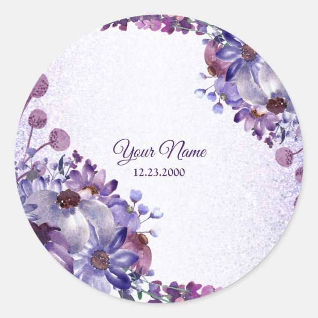Pegatina Redonda Purple Blue Pink Floral Glitter Wedding Party (Anverso)