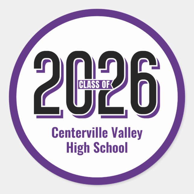 Pegatina Redonda Purple Bold Shadowing Numbers Clase de 2026 (Anverso)