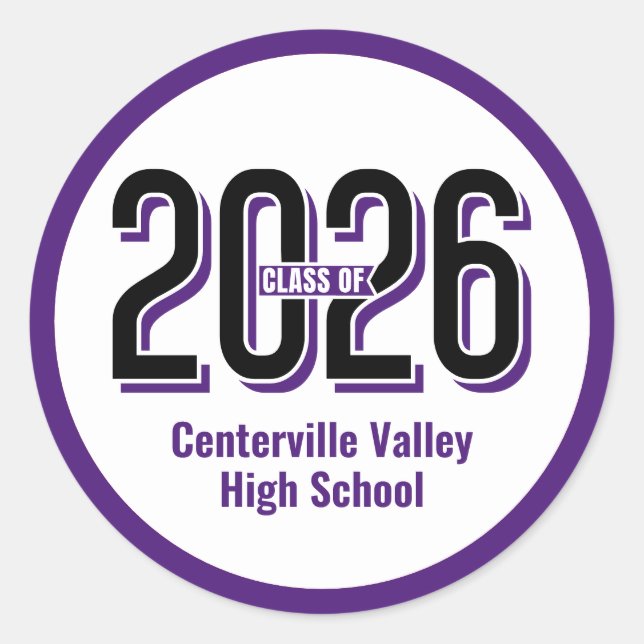 Pegatina Redonda Purple Bold Shadowing Numbers Clase de 2026 (Anverso)