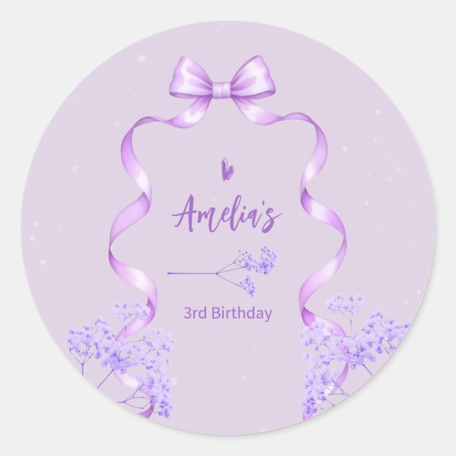 Pegatina Redonda Purple Bow Birthday Any Age (Anverso)