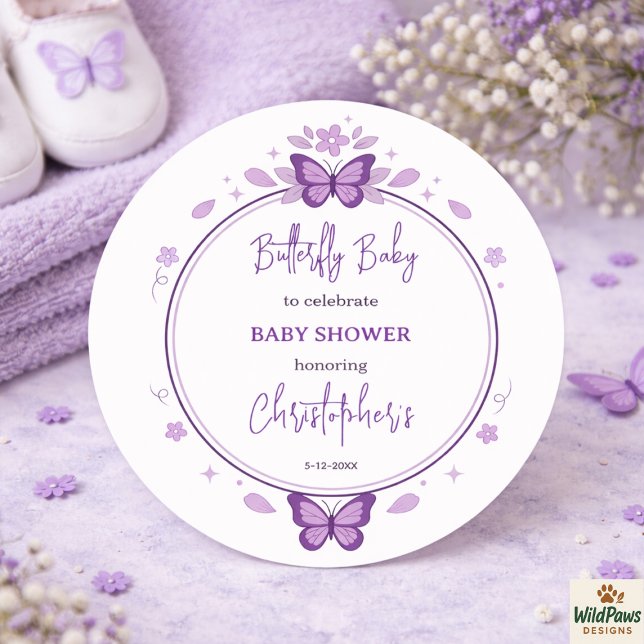 Pegatina Redonda Purple Butterfly Baby Girl Baby Shower  (Purple Butterfly Baby Girl Baby Shower Classic Round Sticker
)