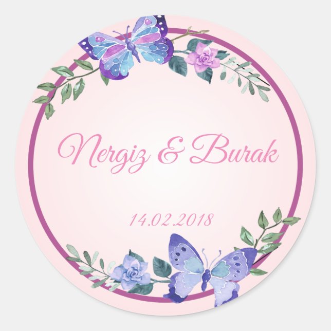 Pegatina Redonda purple butterfly wedding sticker (Anverso)