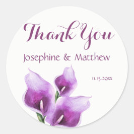 Pegatina Redonda Purple Calla Lillies Watercolor Boda Gracias