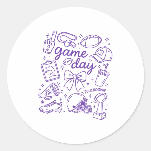 Pegatina Redonda Purple Coquette Bow Cheer Game Day Doodle Touchdow (Anverso)