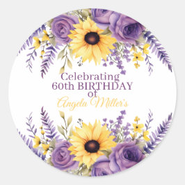 Pegatina Redonda Purple floral 60th birthday party