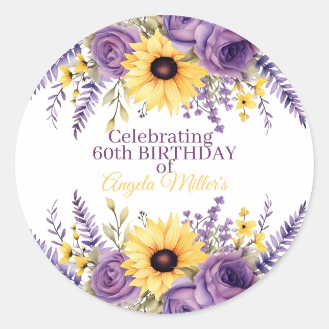 Pegatina Redonda Purple floral 60th birthday party (Anverso)